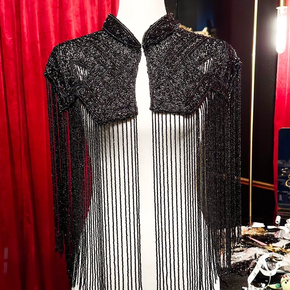 Black Fringe Cape, Beaded Rhinestone Shawl, Luxury Sequin Cape